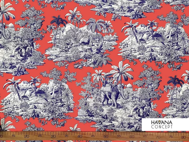 Living Coral Indian Toile de Jouy Fabric