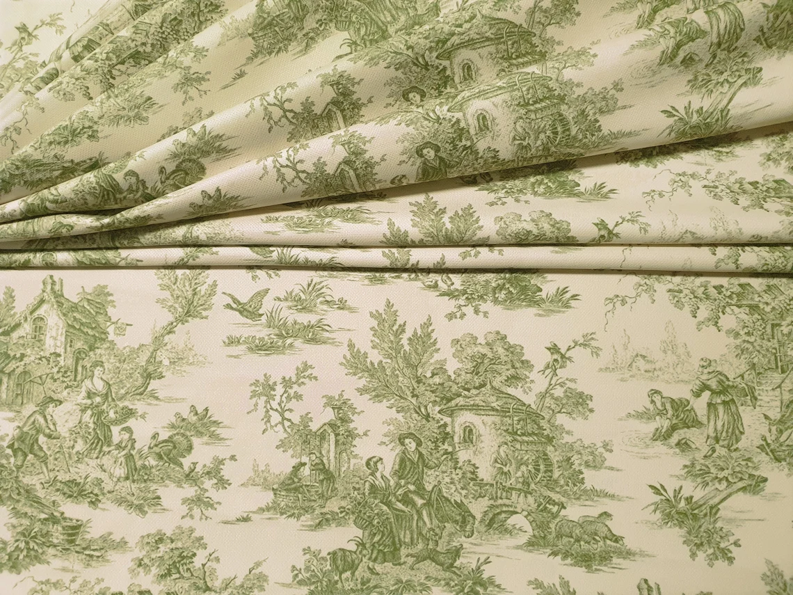 Toile de Jouy Fabric, Green and Beige