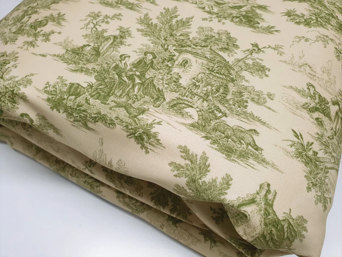 Toile de Jouy Fabric, Green and Beige