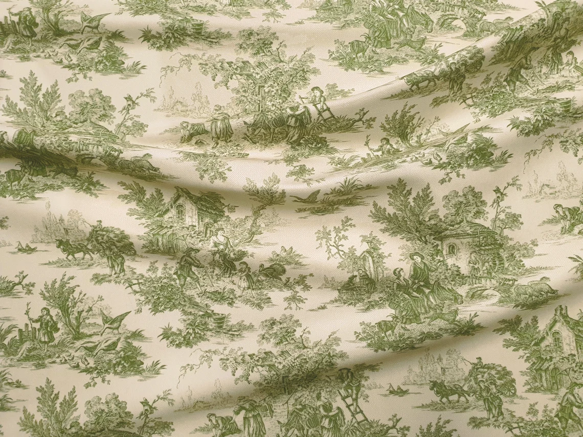 Toile de Jouy Fabric, Green and Beige