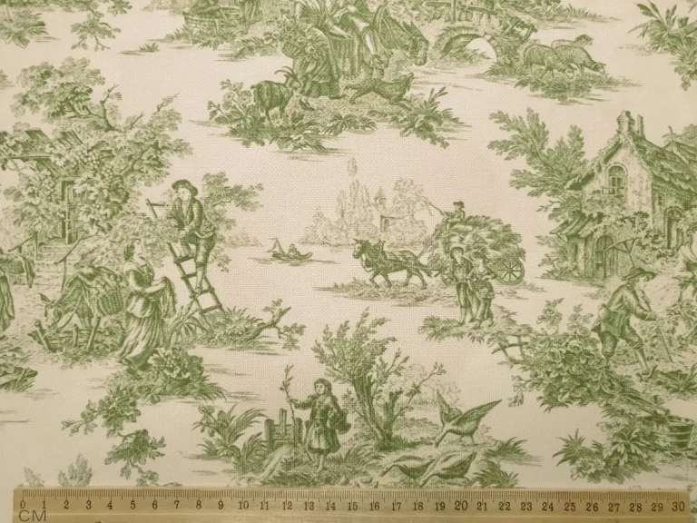 Toile de Jouy Fabric, Green and Beige