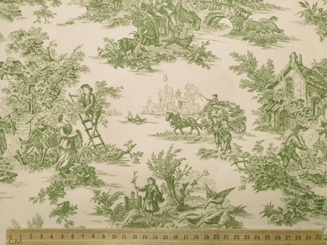 Toile de Jouy Fabric, Green and Beige