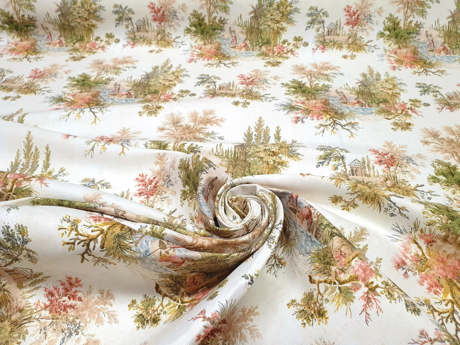 Olive Green Toile de Jouy Fabric