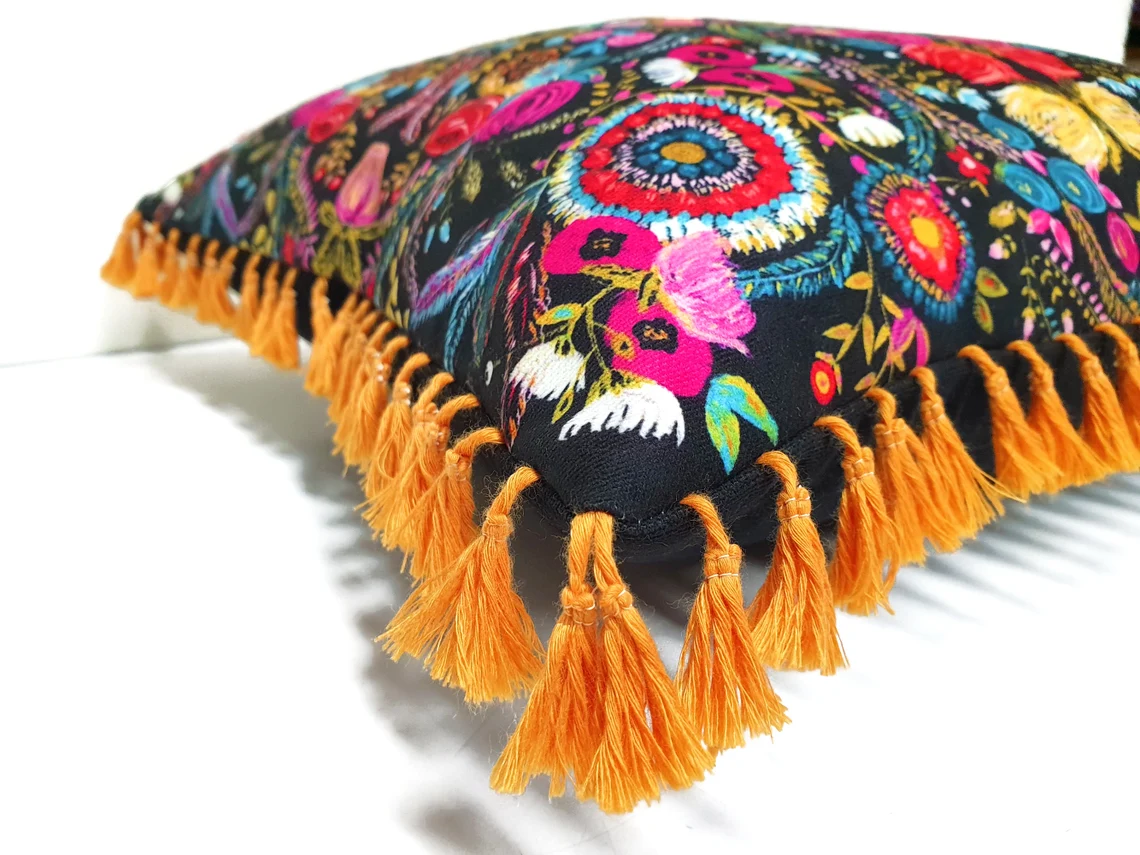 Asian Uzbek Floral Tassel Pillow Cover