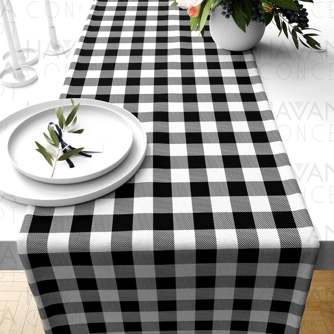 Black and White Gingham Table Runner