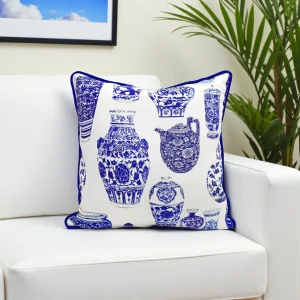 Bleu Blanc Porcelain Vases Piped Pillow Cover