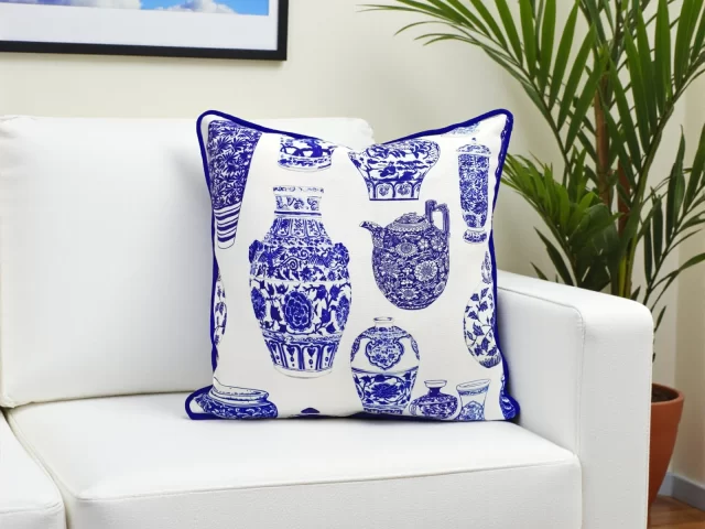 Bleu Blanc Porcelain Vases Piped Pillow Cover