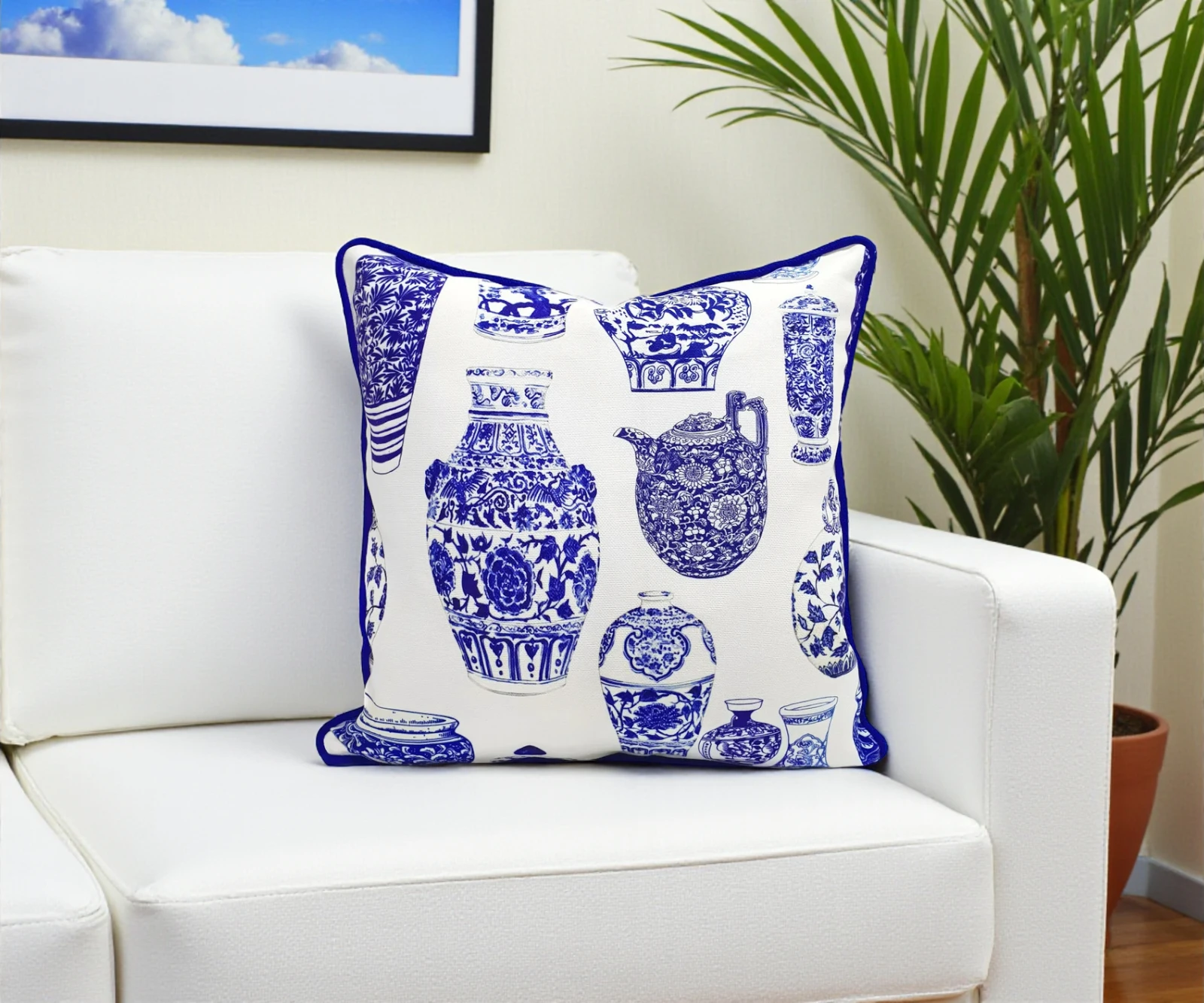 Bleu Blanc Porcelain Vases Piped Pillow Cover