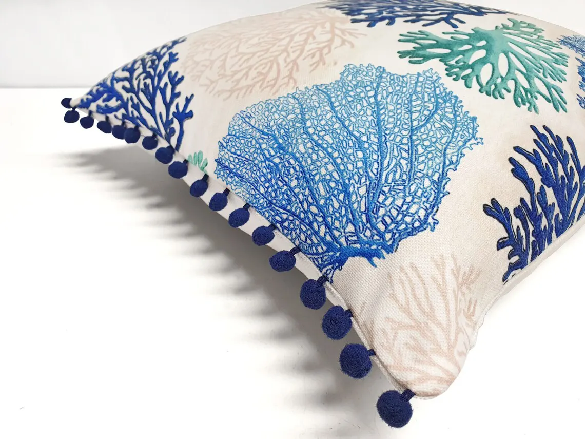Blue Beige Coral Reef Pillow Cover