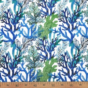 Blue Green Coral Print Fabric