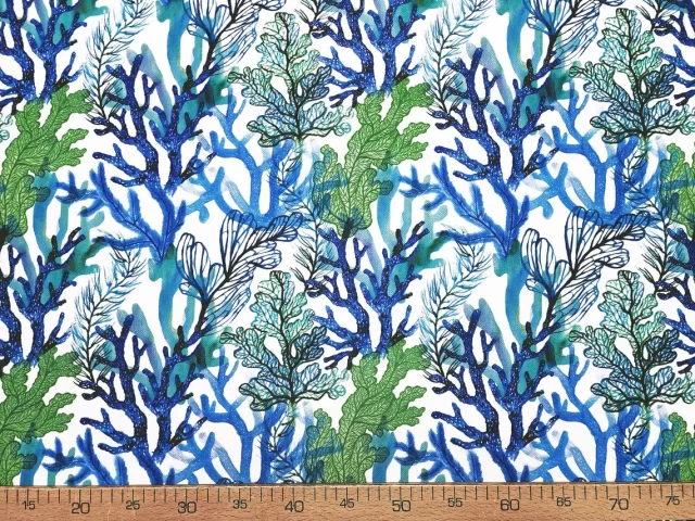 Blue Green Coral Print Fabric