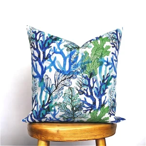 Blue Green Coral Print Pillow Cover
