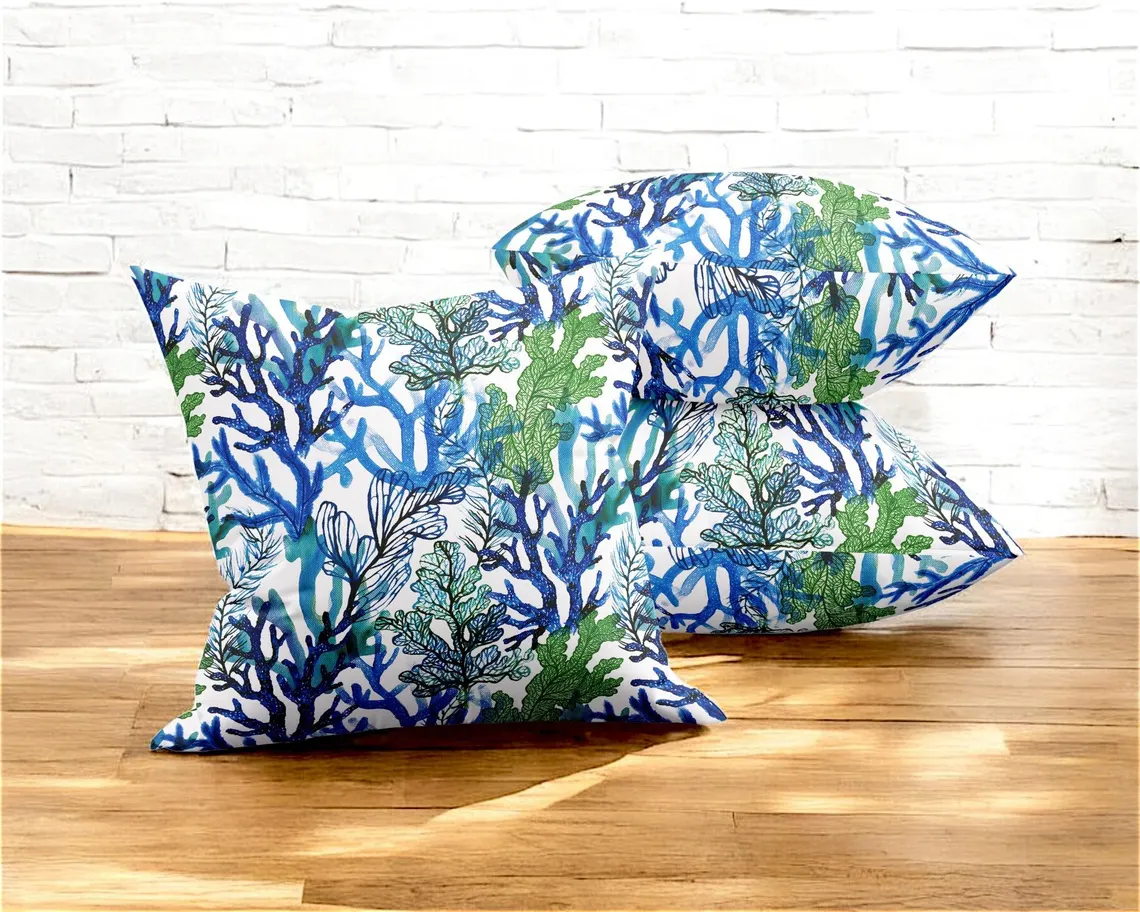 Blue Green Coral Print Pillow Cover