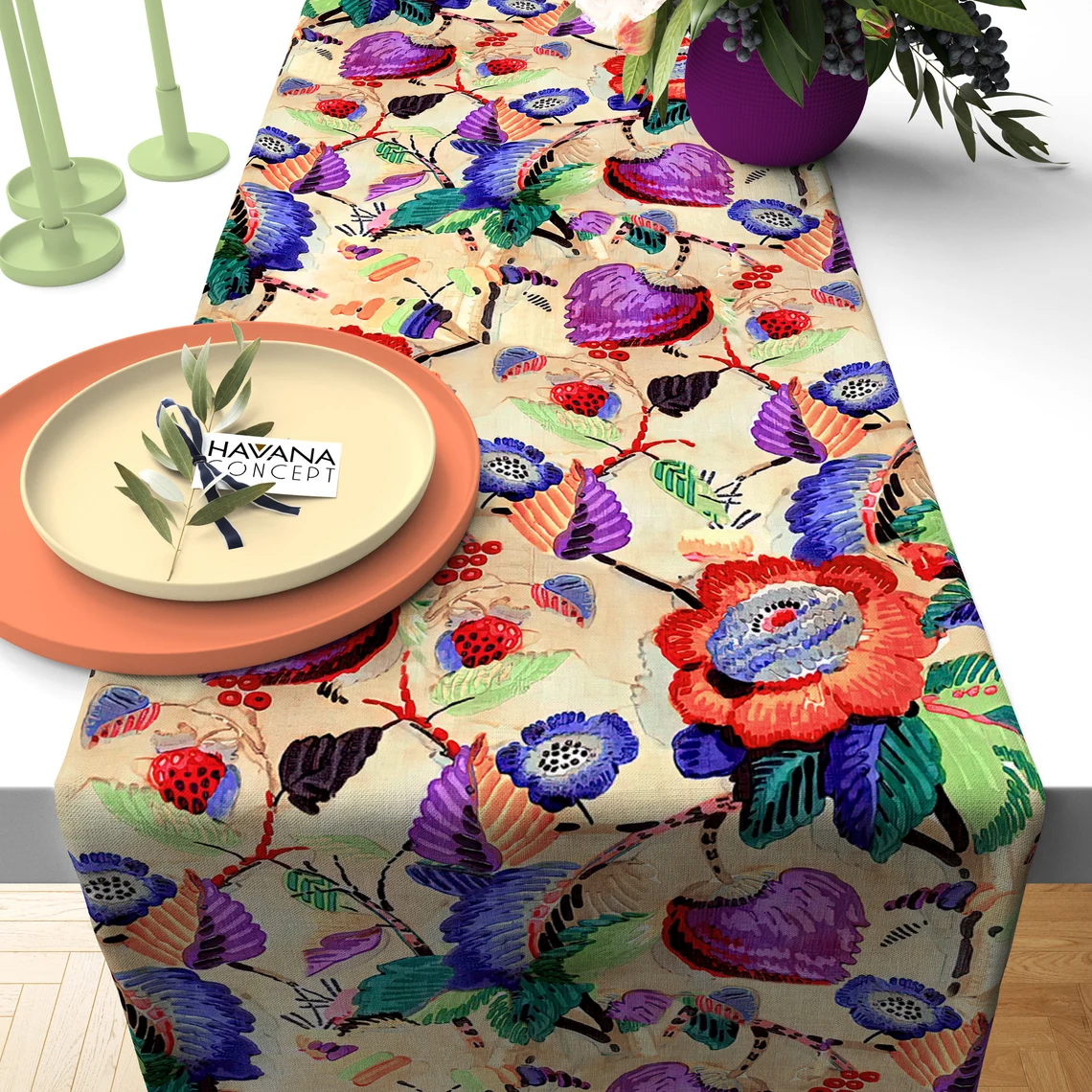 Boho Watercolor Floral Table Runner