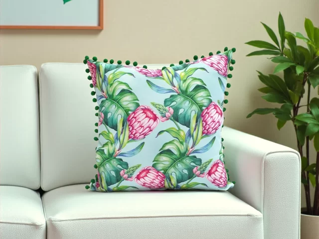 Floral African Protea Pom-Pom Pillow Cover
