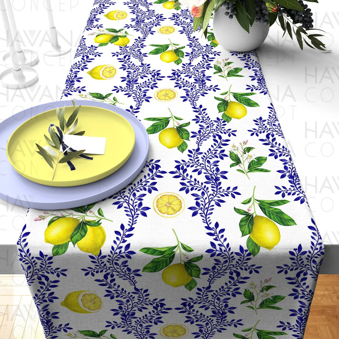 Floral Majolica Lemon Table Runner