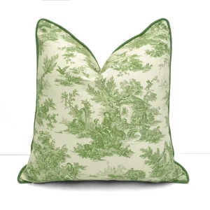 Green Toile de Jouy Piped Pillow Cover
