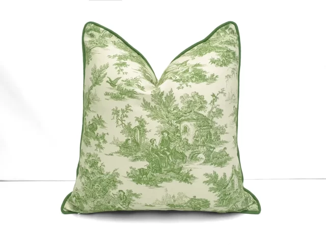 Green Toile de Jouy Piped Pillow Cover