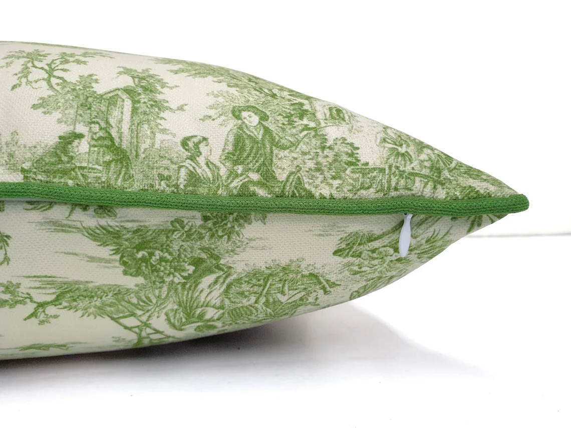 Green Toile de Jouy Piped Pillow Cover