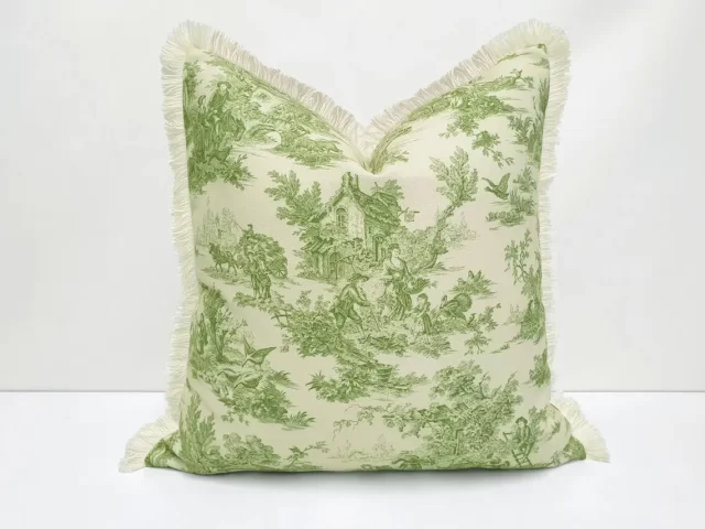 Green Toile de Jouy Tassel Pillow Cover