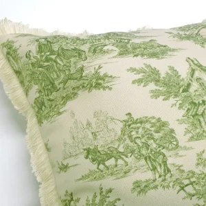 Green Toile de Jouy Tassel Pillow Cover