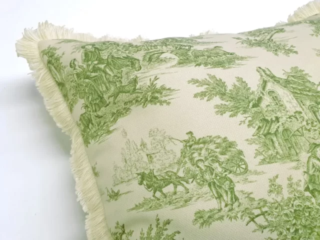 Green Toile de Jouy Tassel Pillow Cover