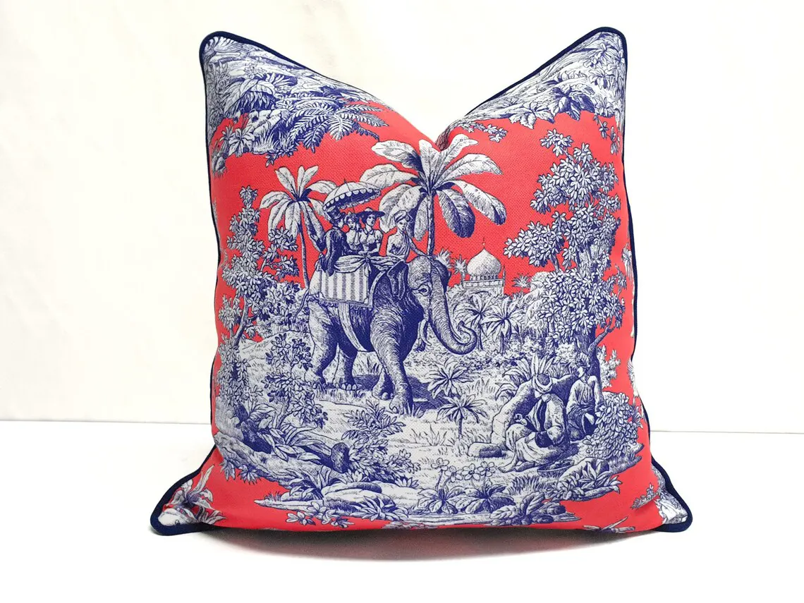 Living Coral Indian Toile Piped Pillow Cover