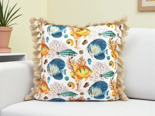 Nautical Fish Print Tassel Pillow Cover