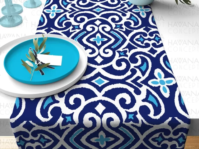 Navy Blue Damask Marine Table Runner