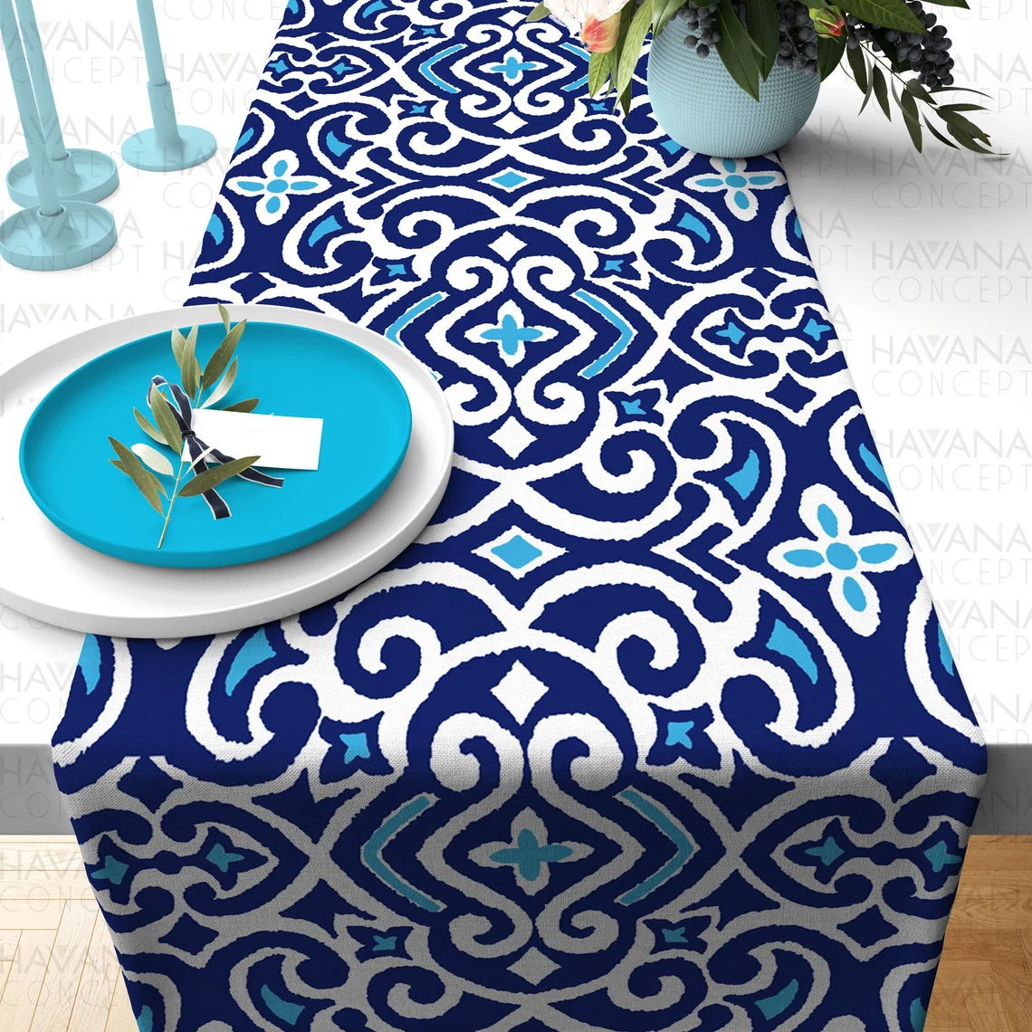 Navy Blue Damask Marine Table Runner