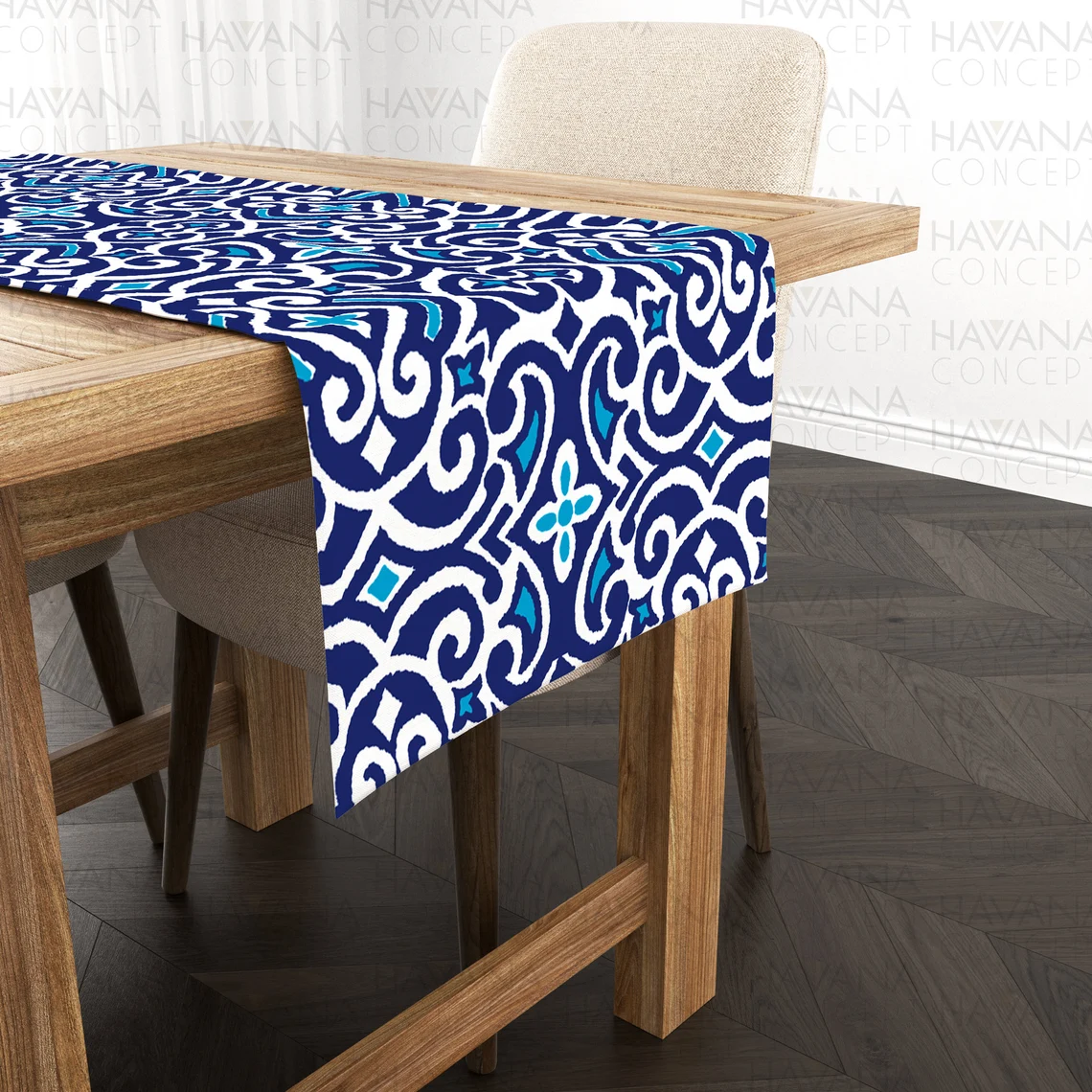 Navy Blue Damask Marine Table Runner