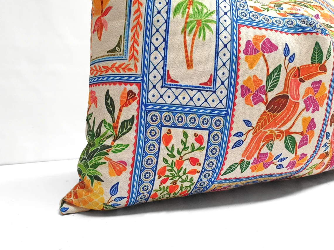 Persian Ceramic Tiles and Birds Pillow Cover