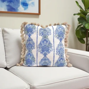 Soft Blue Retro Damask Tassel Pillow Cover