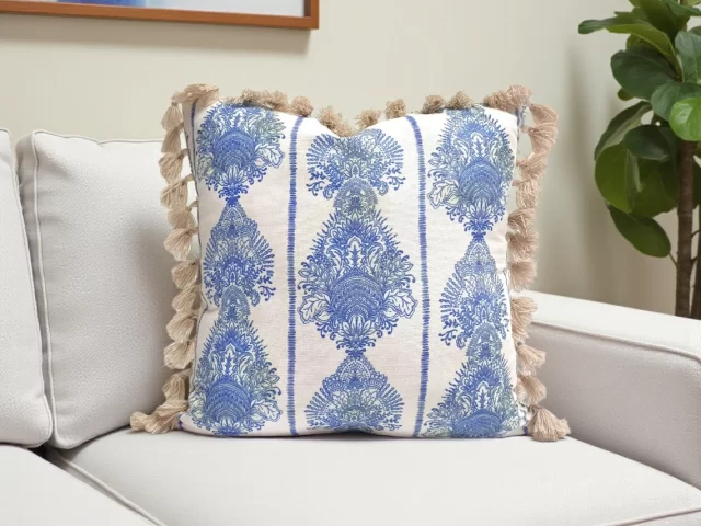 Soft Blue Retro Damask Tassel Pillow Cover