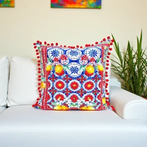 Tiles and Lemons Pom Pom Pillow Cover