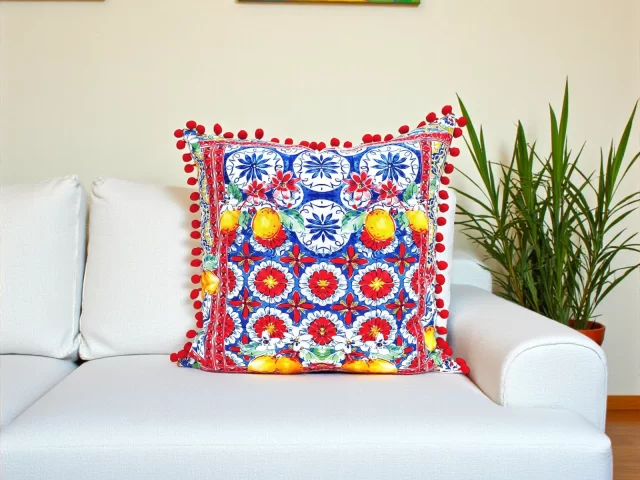 Tiles and Lemons Pom Pom Pillow Cover