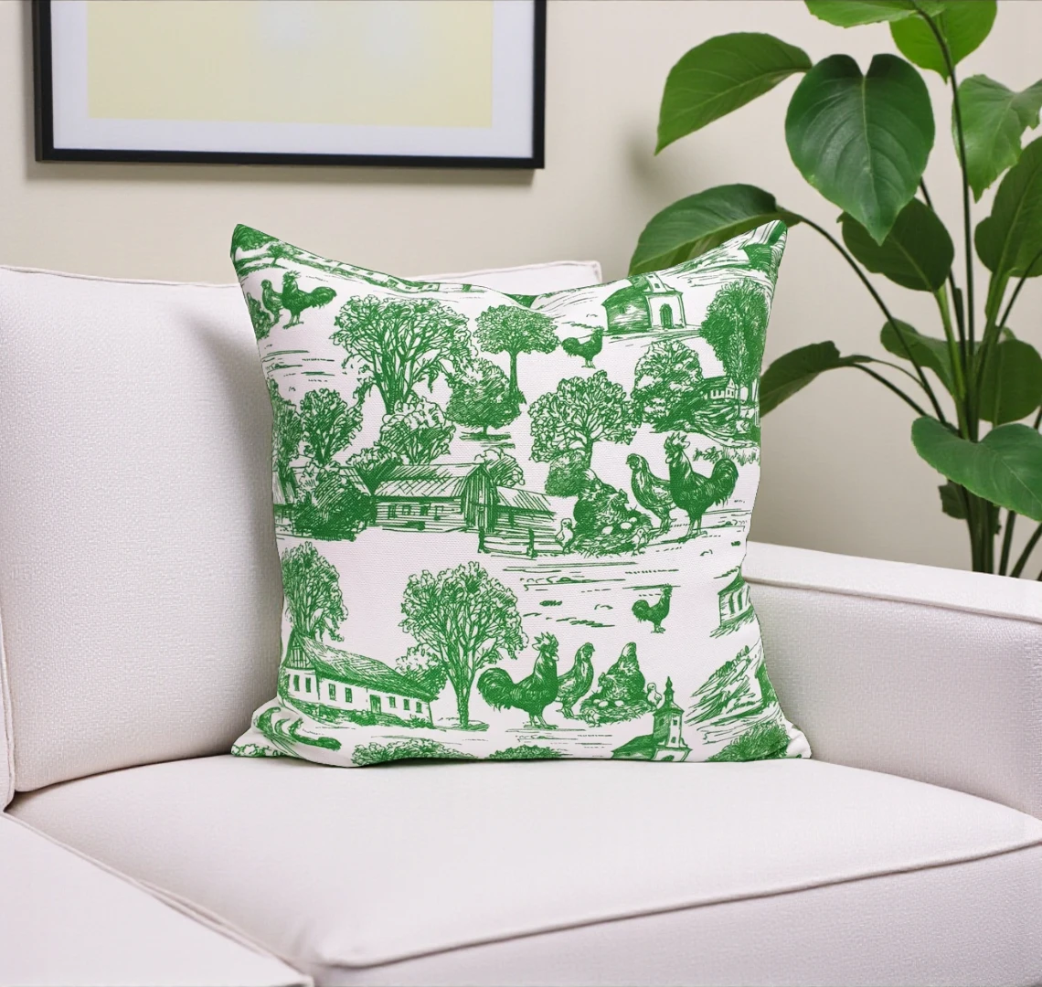 Green Vintage Country Life Pillow Cover