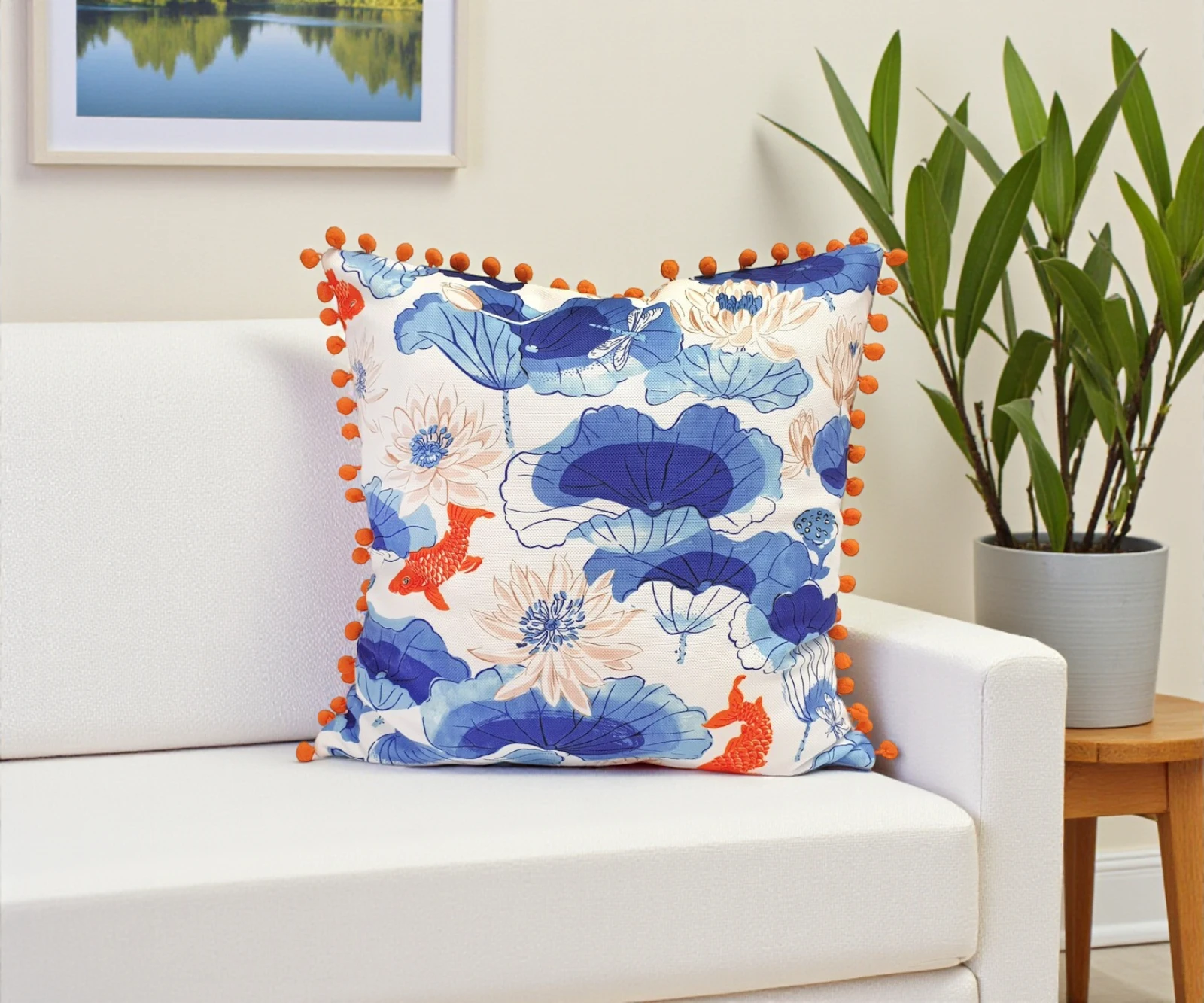 Kissenbezug mit Aquarell-Koi-Fisch-Pompon