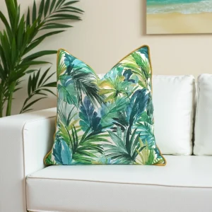 Watercolor Tropical Palm Leaves Piped Pillow Cover
