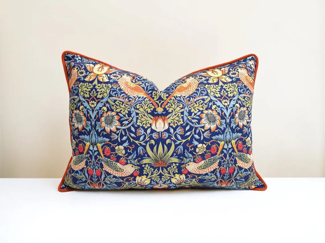 William Morris Strawberry Thief Piped Pillow Cover