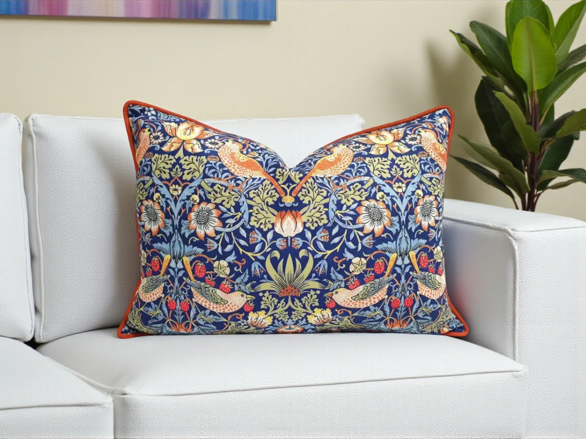 William Morris Strawberry Thief Piped Pillow Cover