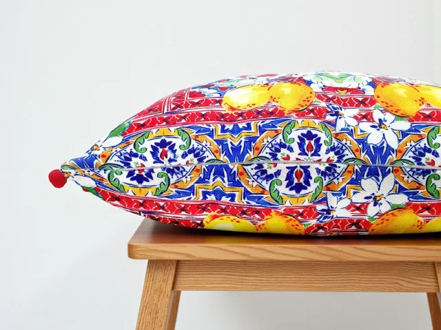 Tiles and Lemons Pom Pom Pillow Cover